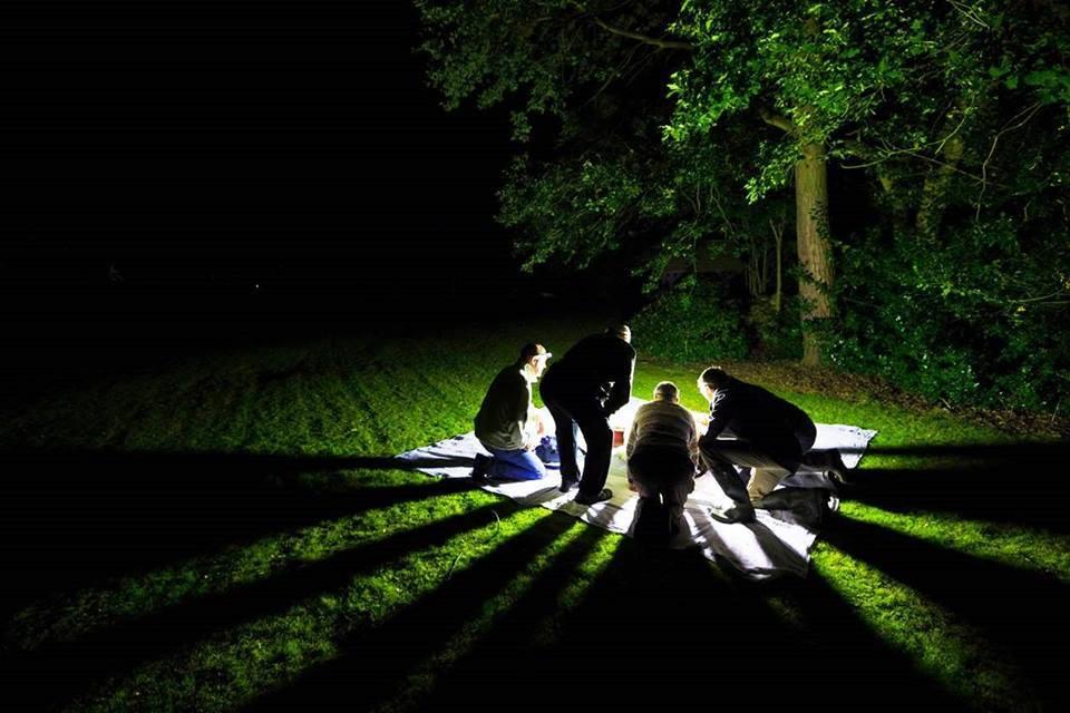 Photograph of a group of people inspecting a moth light trap.