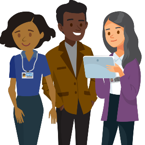 Three professionals standing next to each other, two are looking at a tablet and the third is a member of staff from the NHS