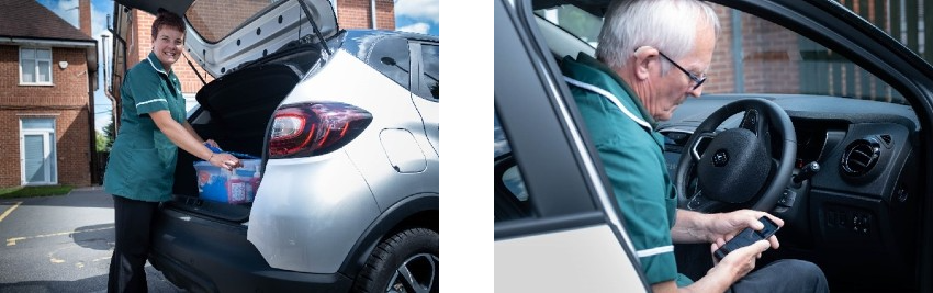 Female social worker unloading a box from the boot of a car and Male social working sat in front seat of the car, looking at a smart phone