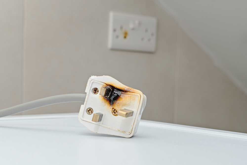 A uk plug with one of the prongs burnt/ melted