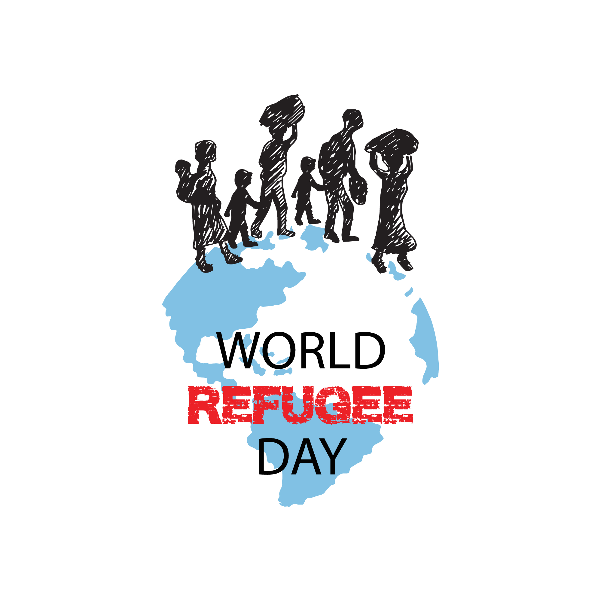 Refugee week: a graphic of refugees around the world globe with the wording World Refugee Day