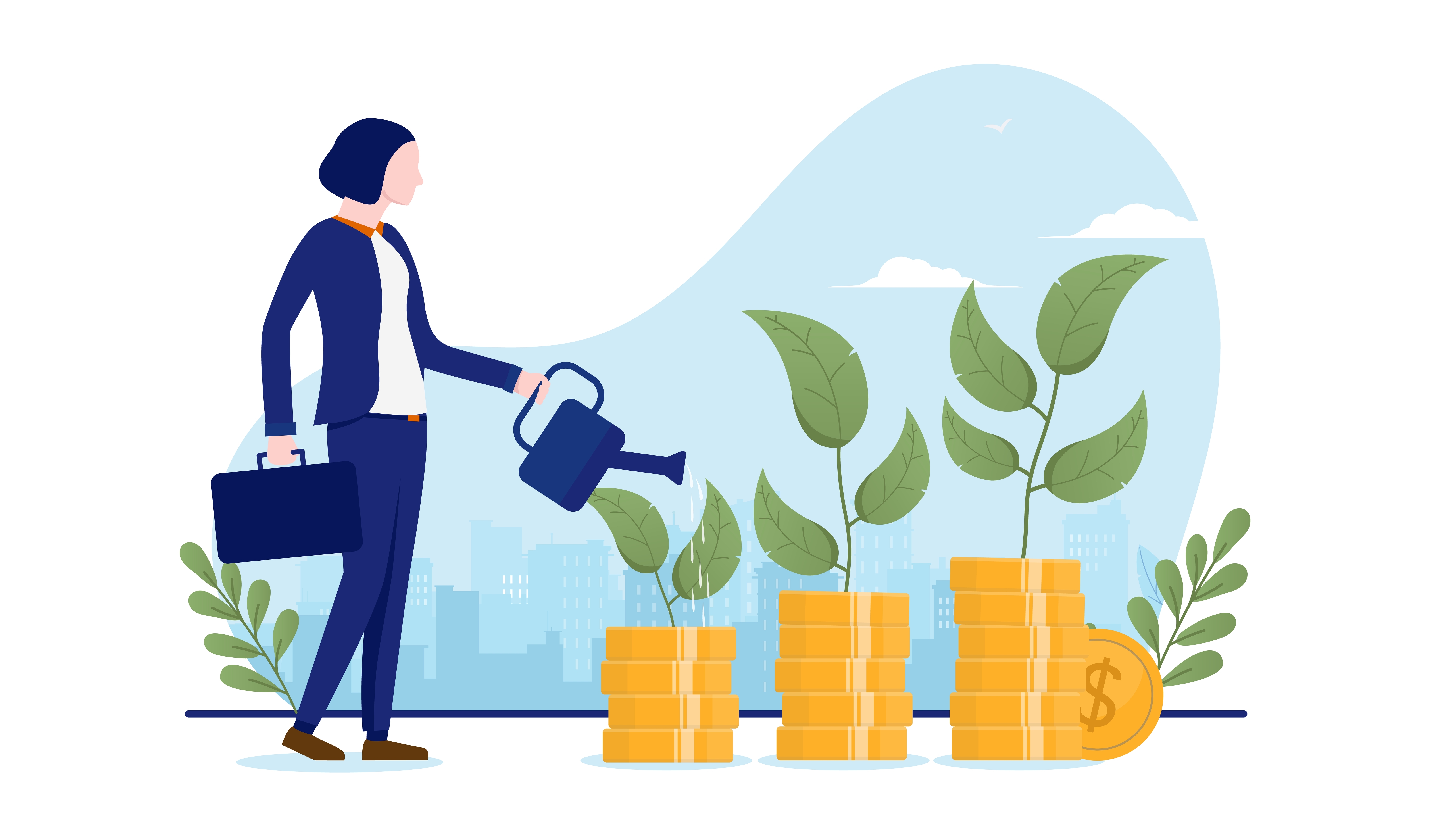 Image of a cartoon woman watering piles of money