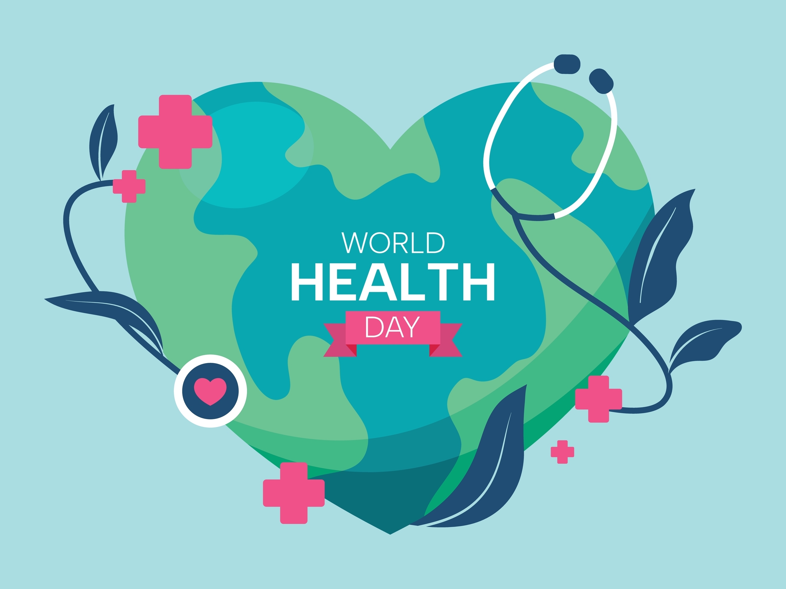 Graphic showing the earth in a heart shape with the text 'world health day' in the centre