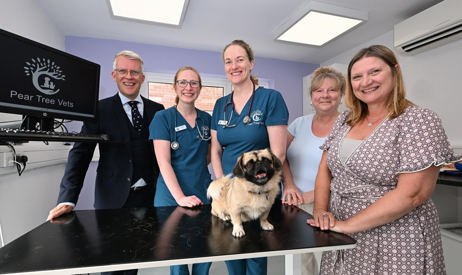 Pictured: Indie is with (left to right) John Fitzgerald (Chamber), Katie Wain, Aisling McGrath (both Pear Tree Vets), Annie Johnson (Warwickshire County Council), Jo Randall (Warwick District Council)