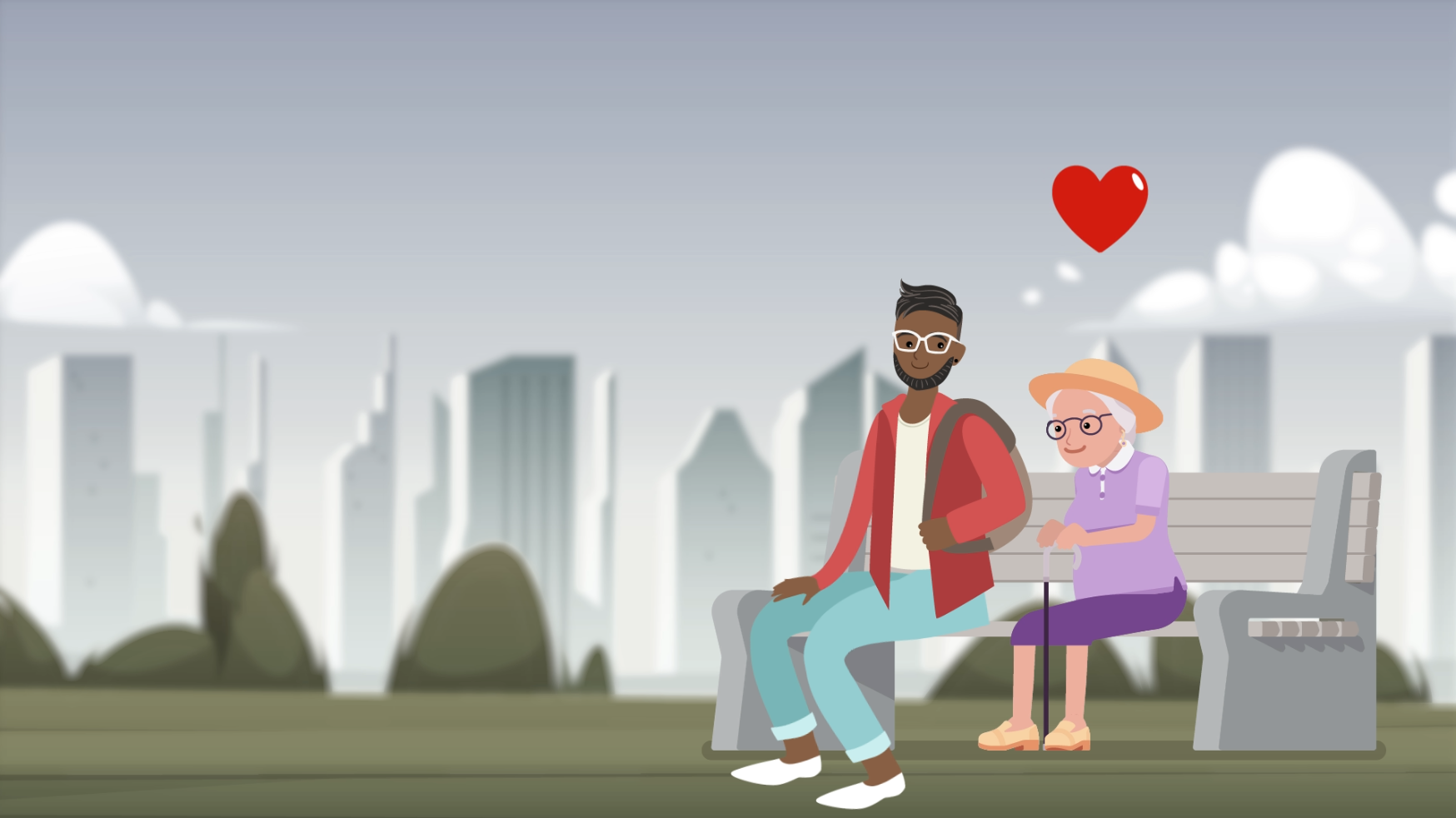 A man and older woman sat on a bench. There is a heart above their heads.